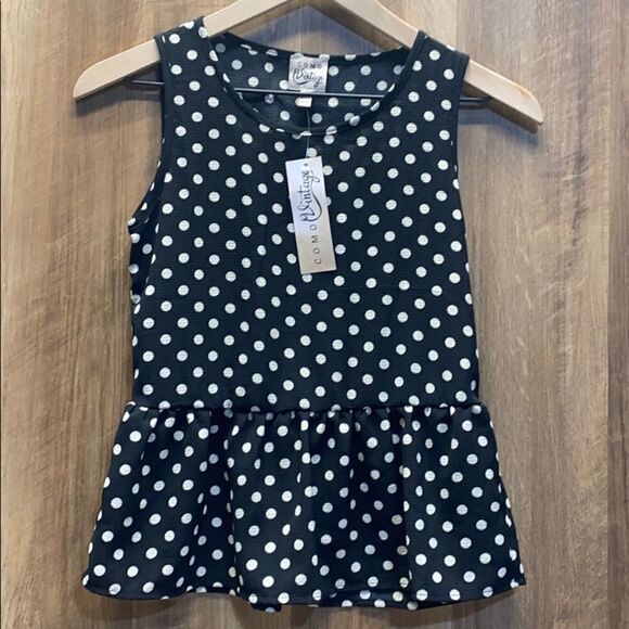 COMO VINTAGE- Black Polka Dot Tank - Picture 1 of 4
